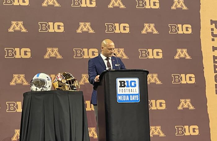 Minnesota head football coach P.J. Fleck talks at Big Ten Football Media Days.
